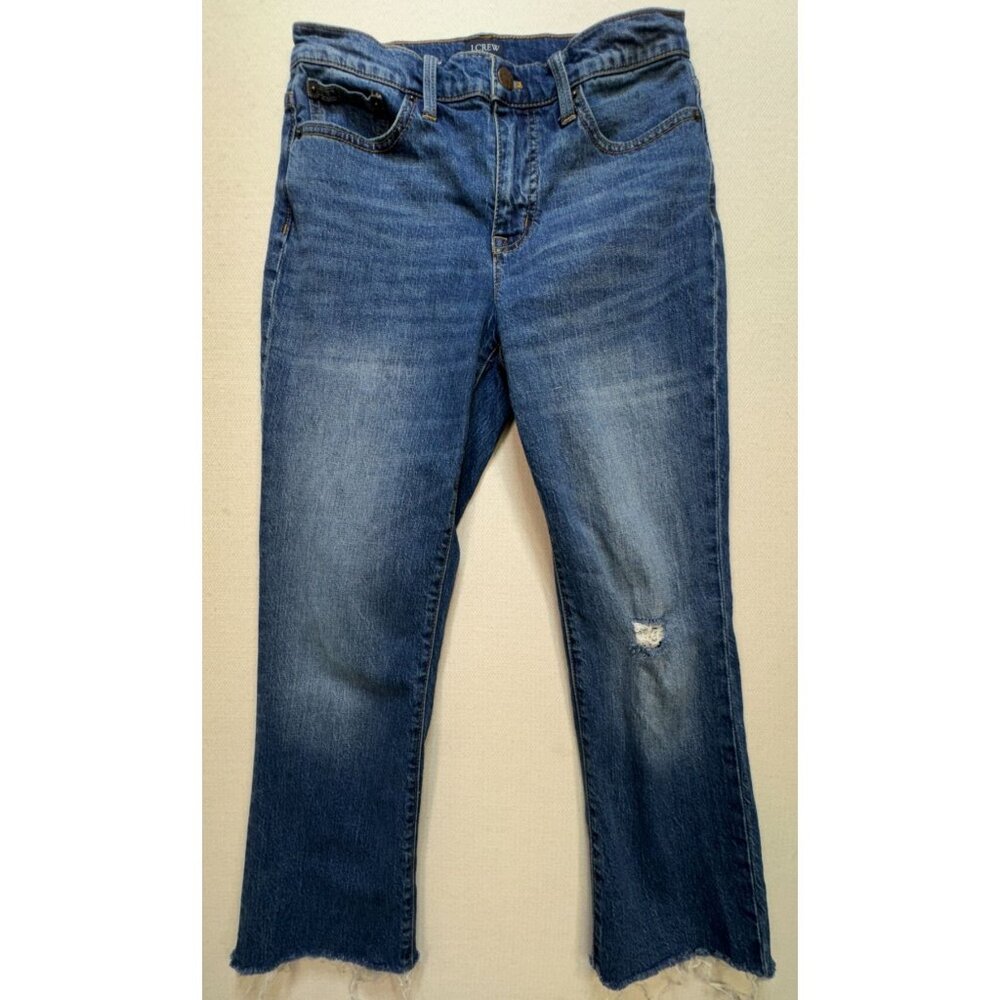 J. Crew Women's Flare Crop Jeans Mid Rise Frayed Hem Denim Sz 26 Blue Distressed